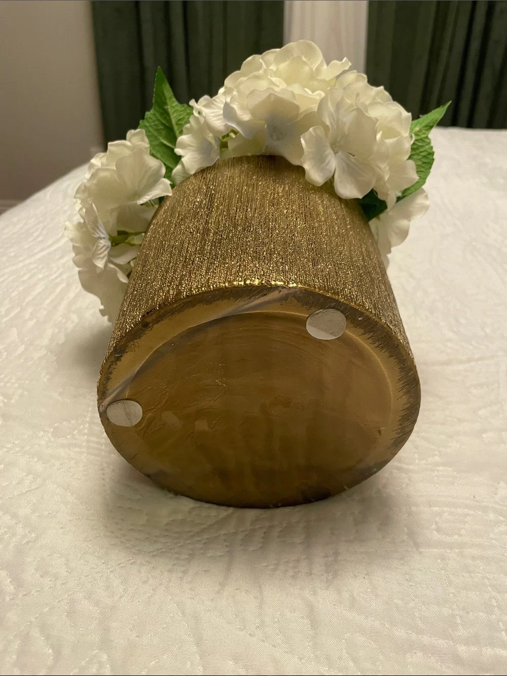 Elegant Faux Artificial White Hydrangeas Arrangement with Gold Color Pot Vase
